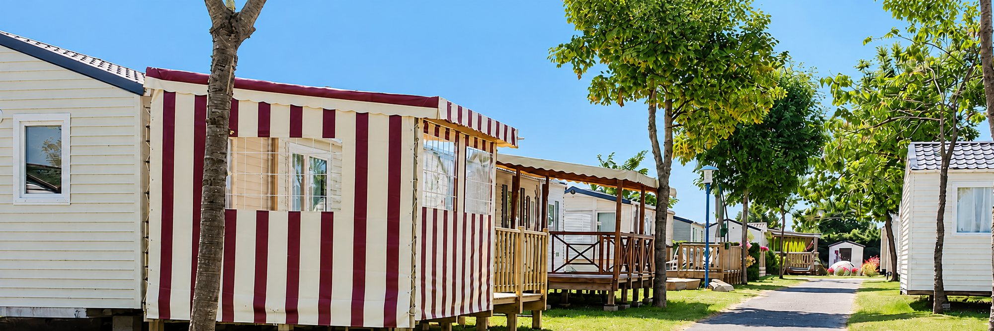 Allée bordée de mobil-homes avec terrasses en bois, entre pelouses et arbres.
