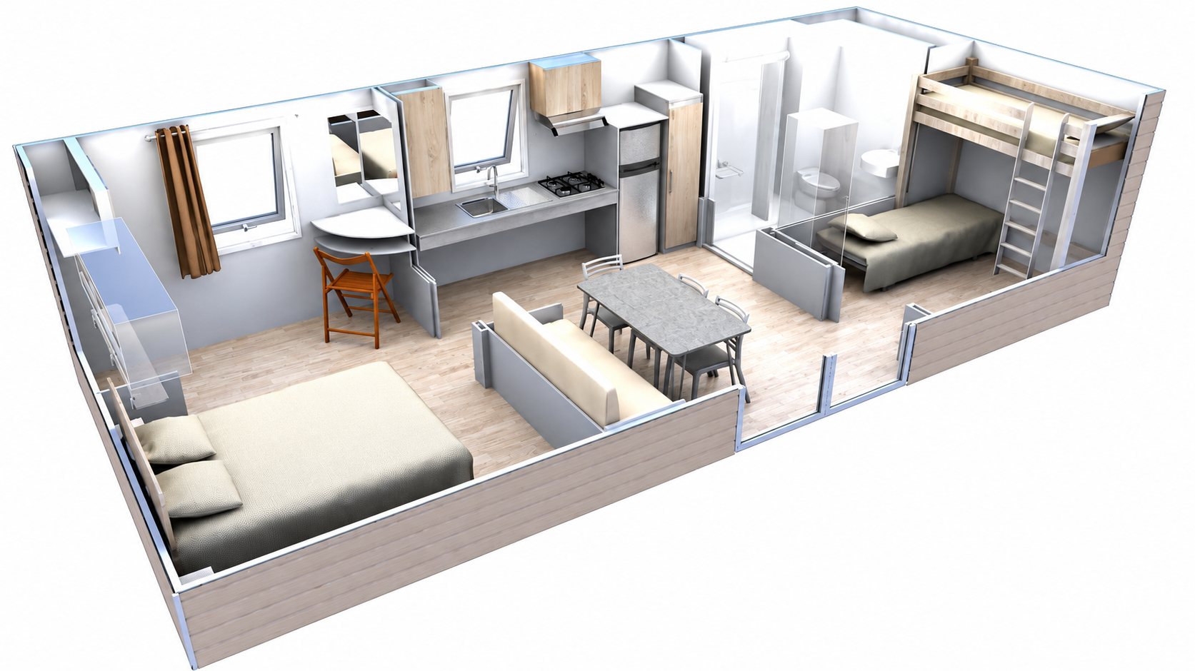 Vue 3D en coupe du mobil-home 57 PMR : chambre double, cuisine, table, salle de bain et chambre avec lits superposés.