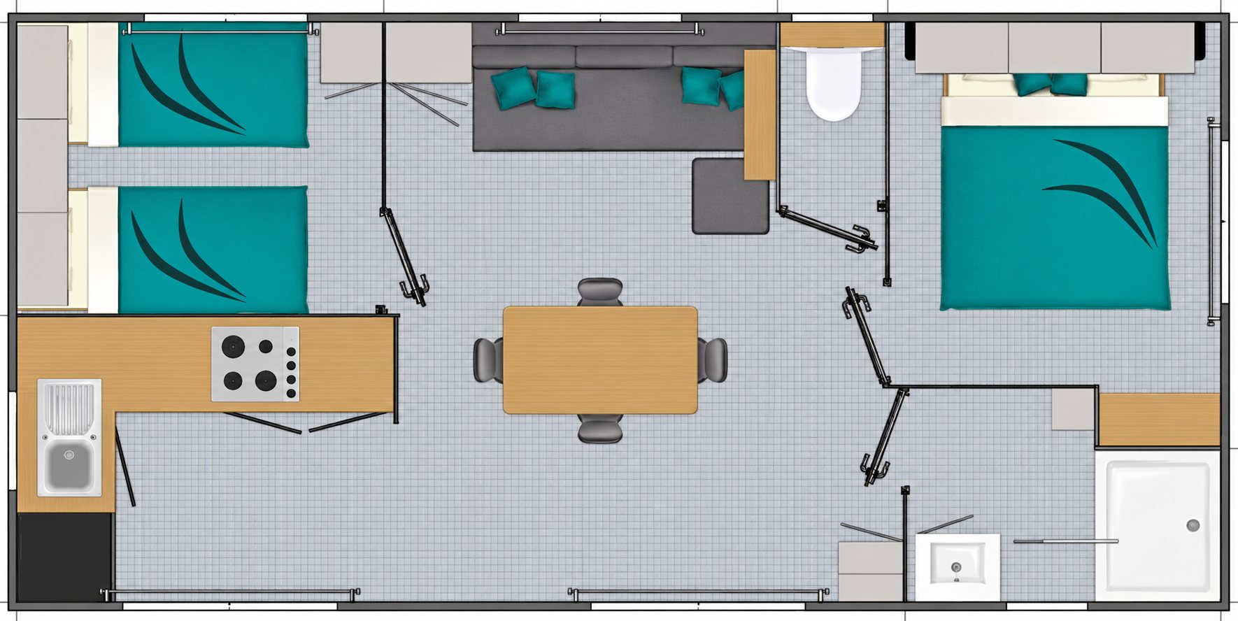 Plan du mobil-home P34 : deux lits simples, chambre parentale, cuisine ouverte, table et salle d’eau.