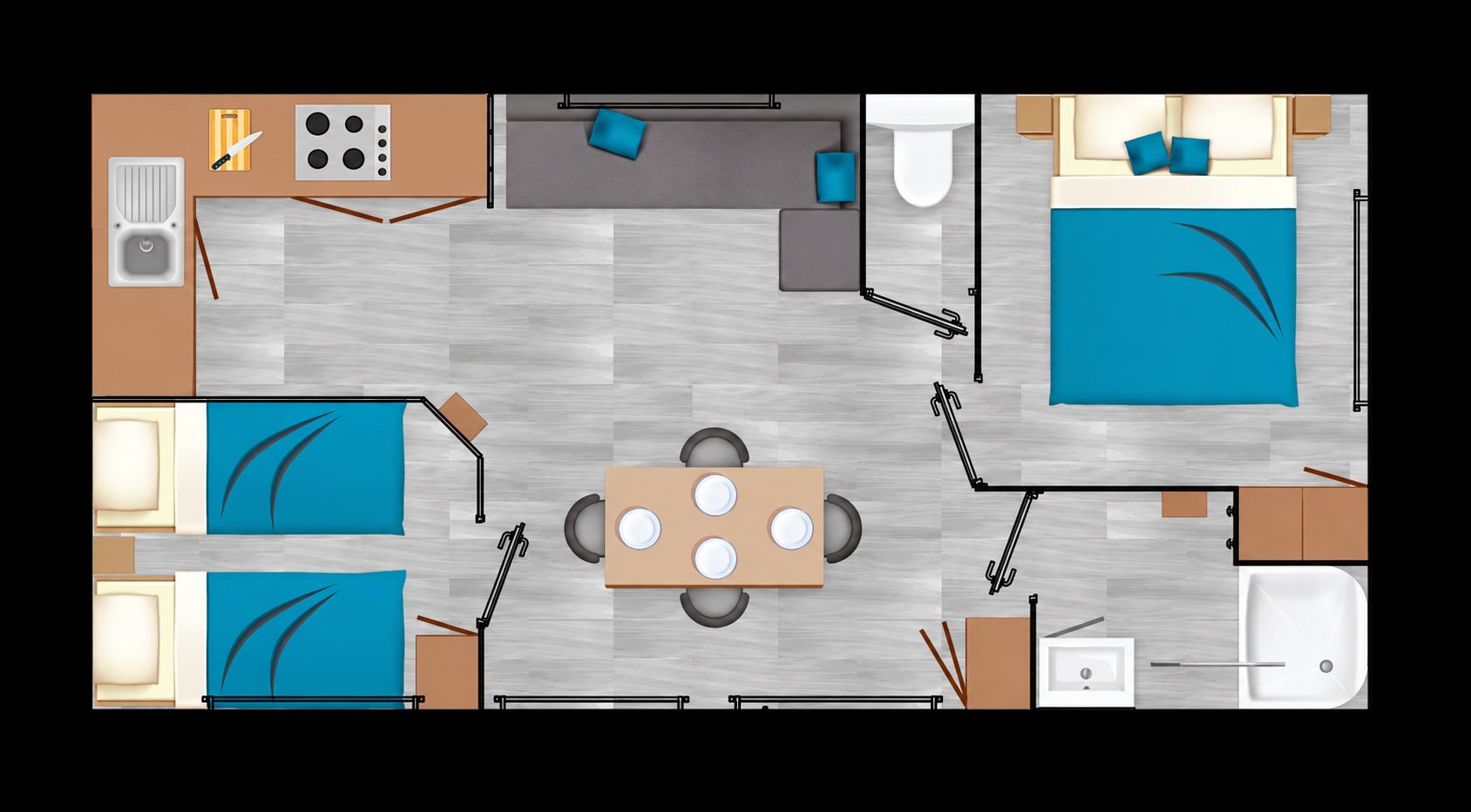 Plan en vue de dessus du mobil-home P09 : cuisine, coin repas, salon, deux lits simples, un lit double, toilettes et douche.