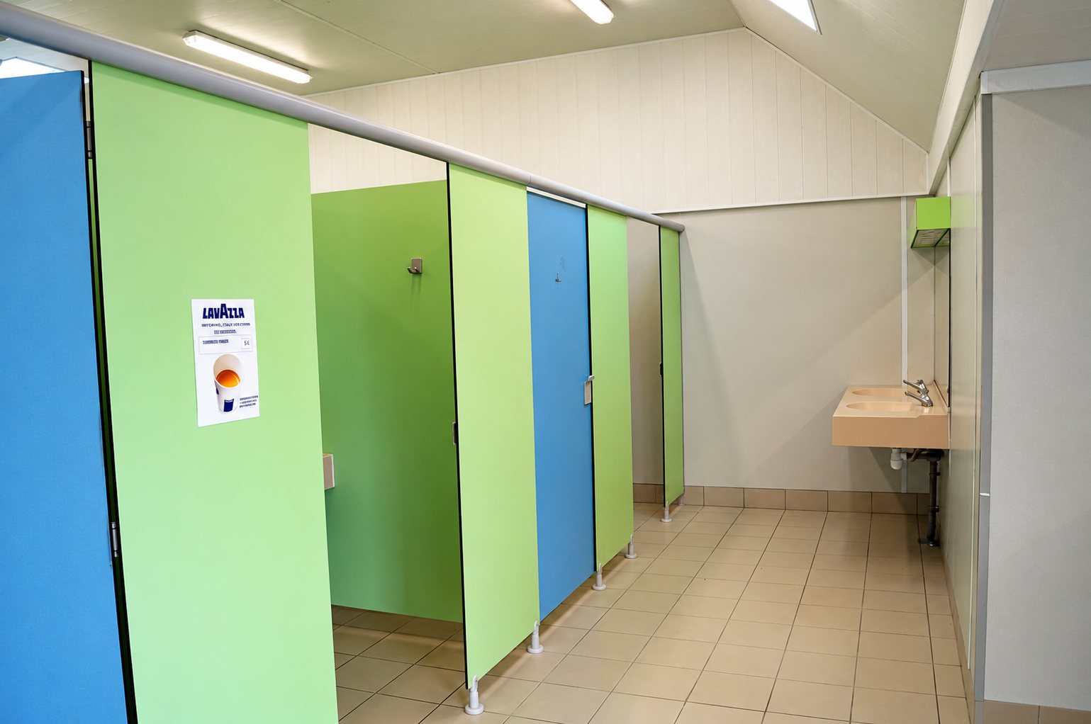 Sanitaires avec cabines vertes et bleues et lavabo beige.